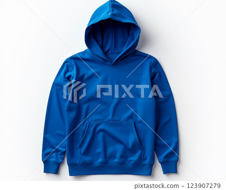 Bright blue hoodie displayed on a neutral background for casual fashion and comfort 123907279