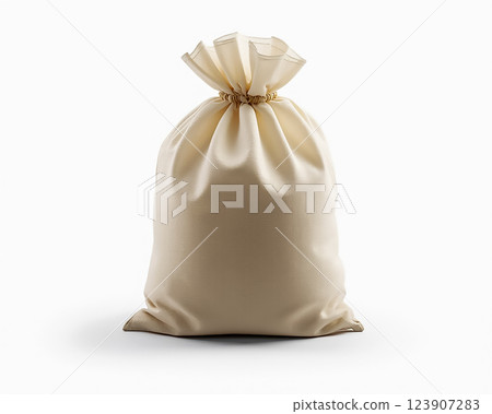 Fabric bag filled with goods displayed on a plain background emphasizing simplicity and utility 123907283