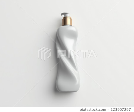 Elegant white cosmetic bottle with golden detail on a light background showcasing a modern design 123907297