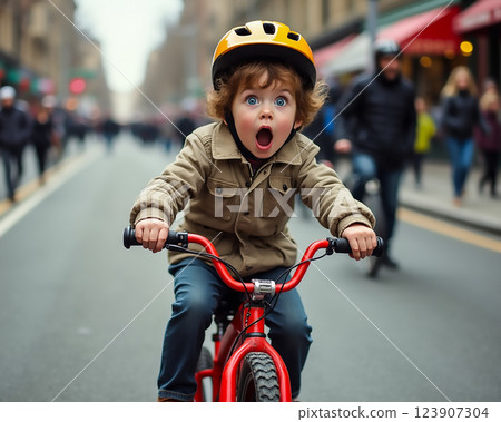 Child on red bicycle expressing excitement while riding through a busy city street filled with pedestrians Child on red bicycle expressing excitement while riding through a busy city street filled with pedestrians 123907304