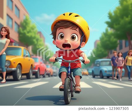 Young child riding a bicycle excitedly on a sunny street surrounded by colorful cars and pedestrians Young child riding a bicycle excitedly on a sunny street surrounded by colorful cars and pedestrians 123907305