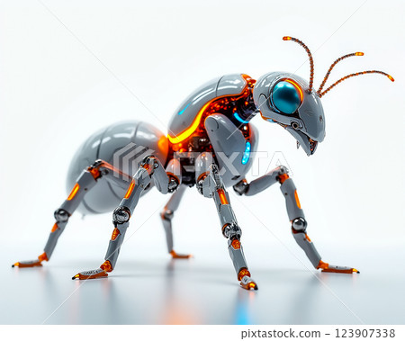 Robotic ant model showcasing intricate design and glowing features in a minimalist setting 123907338