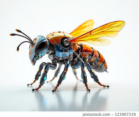 Robotic bee with intricate design showcasing vibrant colors and realistic features in a futuristic context 123907339