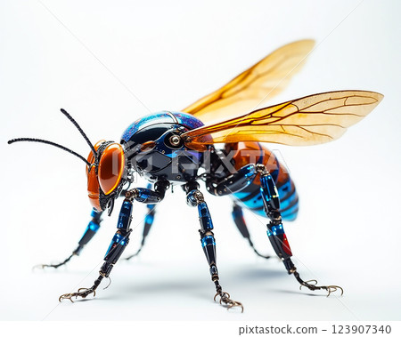 Colorful robotic insect design showcases intricate details and vibrant hues in an artistic portrayal of nature Colorful robotic insect design showcases intricate details and vibrant hues in an artistic portrayal of nature 123907340