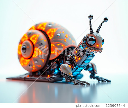 Colorful robot snail with intricate patterns and glowing features explores a futuristic landscape Colorful robot snail with intricate patterns and glowing features explores a futuristic landscape 123907344