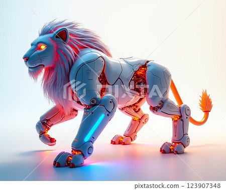 Robotic lion with glowing elements walks gracefully on a smooth surface in a futuristic setting at twilight 123907348