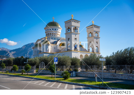 Orthodox Cathedral Church of St. Jovan Vladimir in white and gold colors in Bar, Montenegro.  123907423