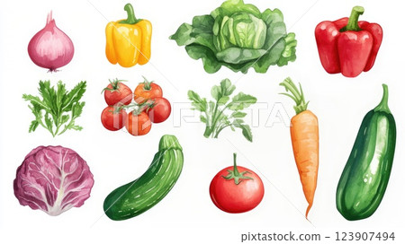a set of fresh watercolor vegetables isolated on a white background a set of fresh watercolor vegetables isolated on a white background 123907494