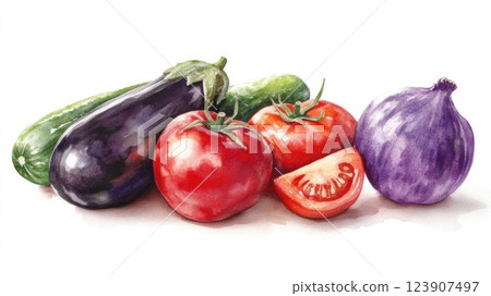 fresh vegetables isolated on white. watercolor illustration. Tomatoes, garlic, eggplant, zucchini 123907497