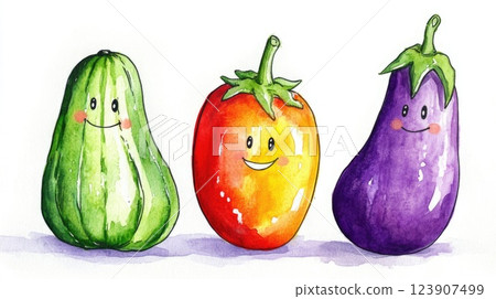 a set of funny watercolor vegetables isolated on a white background. Zucchini, tomato and eggplant 123907499