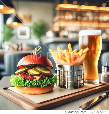 A close-up of a gourmet burger in a stylish, light-filled cafe. The burger is topped with fresh lettuce, melted cheese, and a pickle, served on a wooden board with crispy fries and a cold glass of 123907703