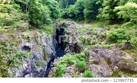 Gokase River with fresh greenery overlooking the columnar jointed rock walls (from Takachiho Gorge Promenade/Takachiho Town, Nishiusuki District, Miyazaki Prefecture) 123907735