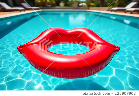 Bright red lips-shaped float ring resting on the surface of a clear blue swimming pool in a sunny outdoor setting 123907908