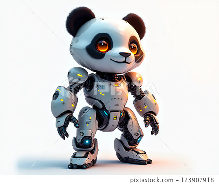 Robotized panda with bright eyes and mechanical limbs stands upright in a futuristic setting 123907918