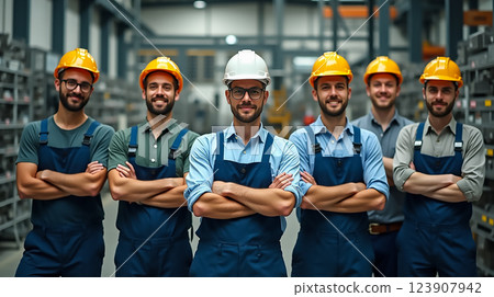 Group of six workers in safety gear in a warehouse or factory setting showing teamwork and professionalism 123907942