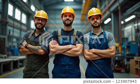 Three construction workers in safety helmets pose confidently in a factory setting during the day Three construction workers in safety helmets pose confidently in a factory setting during the day 123907943