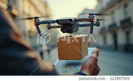 Drone delivers a package to a person in an urban setting during sunset 123907945