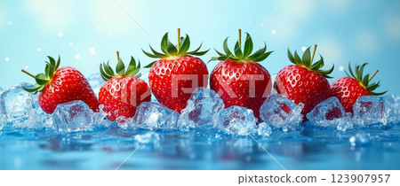 Fresh strawberries sitting on ice in a blue background during bright daylight 123907957