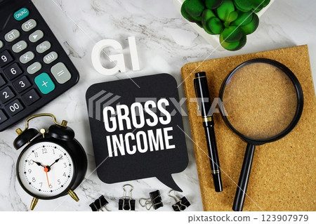 GI - Gross Income acronym with calculator, alarm clock and magnifying glass, Business concept background GI - Gross Income acronym with calculator, alarm clock and magnifying glass, Business concept background 123907979