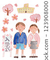 Watercolor illustration of elementary school students and cherry blossoms 123908000