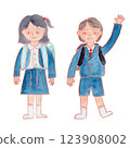 Watercolor illustration of an elementary school student carrying a school bag 123908002