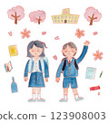 Watercolor illustration of an elementary school student carrying a backpack and cherry blossoms 123908003