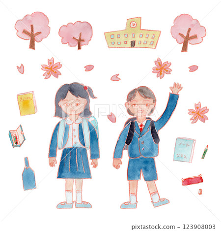 背著書包的小學生和櫻花的水彩插圖 123908003
