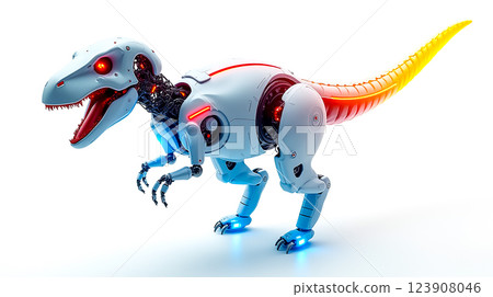 Futuristic robotic dinosaur with glowing features and red accents in a bright environment 123908046