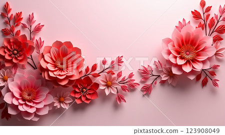 Colorful paper flowers arranged beautifully on a soft pink background create an elegant and artistic design for decoration or celebration 123908049