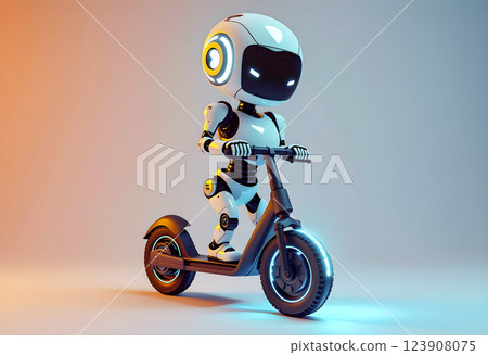Robotic character riding an electric scooter in a futuristic setting with vibrant lighting effects 123908075