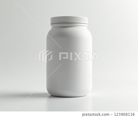 Simple white jar with a smooth surface and a screw top in a minimalist setting on a light background 123908116