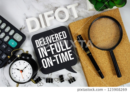 DIFOT - Delivered In-Full, On-Time acronym with calculator, alarm clock and magnifying glass, Business and Financial concept background DIFOT - Delivered In-Full, On-Time acronym with calculator, alarm clock and magnifying glass, Business and Financial concept background 123908269