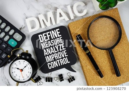 DMAIC - Define, Measure, Analyze, Improve, and Control acronym with calculator, alarm clock and magnifying glass, Business and Financial concept background 123908270
