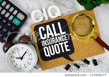 CIQ - Call Insurance Quote acronym with calculator, alarm clock and magnifying glass, business concept background 123908277