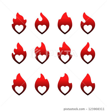 Fire flame icon set, hot heart symbols 123908311