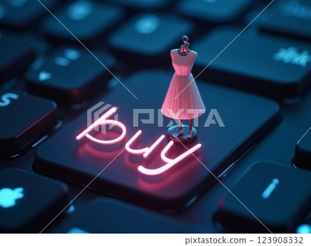 Miniature dress on keyboard highlights online shopping experience in digital age 123908332