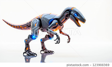 Robotic dinosaur figure with intricate design showcasing futuristic technology and aesthetic details in a minimalistic setting 123908369