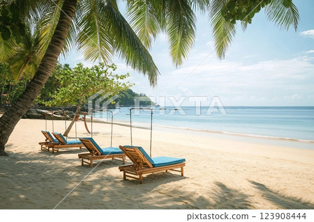 Summer beach background, on tropical island, with the sunny sky at Phuket, Thailand, Sea with coconut tree and swings, on a sunny day, Sea with palm tree, and beach chair, by the sea on a summer day. Summer beach background, on tropical island, with the sunny sky at Phuket, Thailand, Sea with coconut tree and swings, on a sunny day, Sea with palm tree, and beach chair, by the sea on a summer day. 123908444