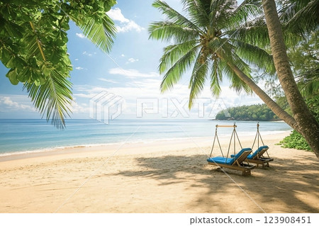 Summer beach background, on tropical island, with the sunny sky at Phuket, Thailand, Sea with coconut tree and swings, on a sunny day, Sea with palm tree, and beach chair, by the sea on a summer day. Summer beach background, on tropical island, with the sunny sky at Phuket, Thailand, Sea with coconut tree and swings, on a sunny day, Sea with palm tree, and beach chair, by the sea on a summer day. 123908451