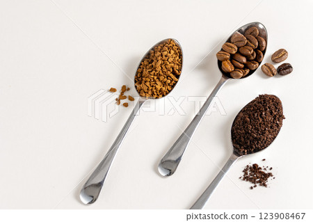 Roasted Coffee beans and different types of grinds coffee in spoons on white background. 123908467