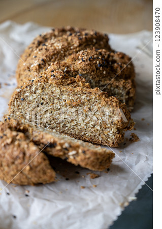 Homemade soda bread with flax seeds flour, keto diet. 123908470