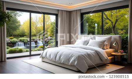 Cozy bedroom with serene garden view featuring lush greenery and tranquil waterfalls during the daytime 123908515