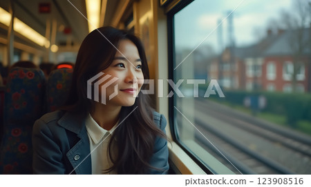 Young woman gazing out the train window while traveling through the countryside during daylight 123908516