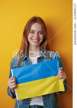 Smiling young woman proudly holds Ukrainian flag against bright yellow background in urban setting 123908517