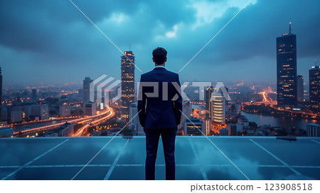 Businessman overlooking city skyline at dusk with illuminated streets and dramatic clouds in the background Businessman overlooking city skyline at dusk with illuminated streets and dramatic clouds in the background 123908518