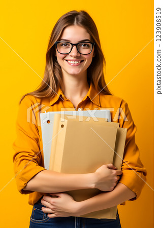 Young woman with glasses smiling while holding folders against a bright yellow background 123908519