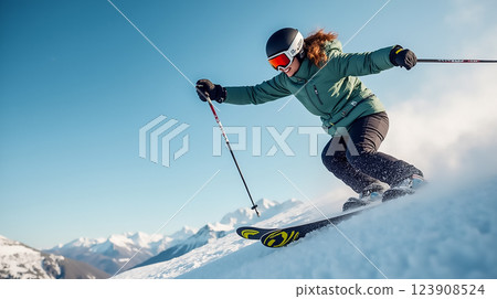 skier carving down a snow-covered slope in a mountainous area on a bright sunny day 123908524