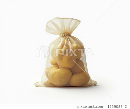 Bag of fresh potatoes ready for cooking, displayed on a plain background Bag of fresh potatoes ready for cooking, displayed on a plain background 123908542