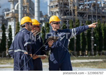 Engineer working using tablet together at station refining oil petrochemical. Technician worker check quality oil industry factory. Inspector standing at zone gas with refinery building background. Engineer working using tablet together at station refining oil petrochemical. Technician worker check quality oil industry factory. Inspector standing at zone gas with refinery building background. 123908787