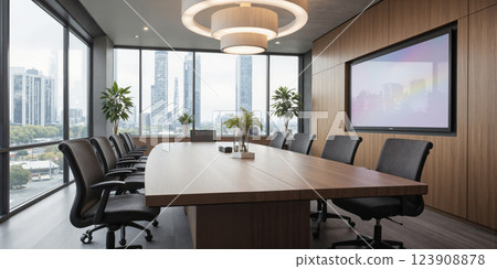 AI-assisted boardroom with interactive projectors, smart whiteboards, and ergonomic conference seating. The room is designed for high-level meetings 123908878